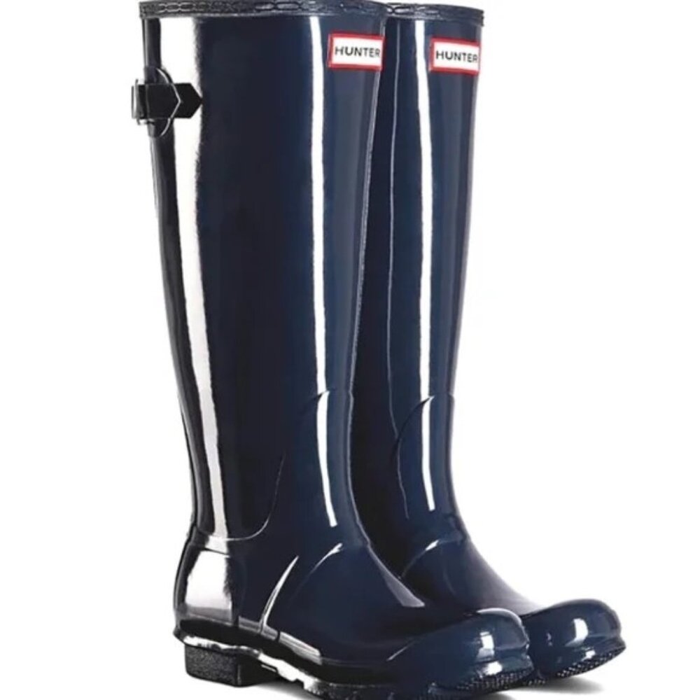 NIB HUNTER WOMEN`S ORIGINAL ADJUSTABLE GLOSS RAIN BOOTS - NAVY SZ 8